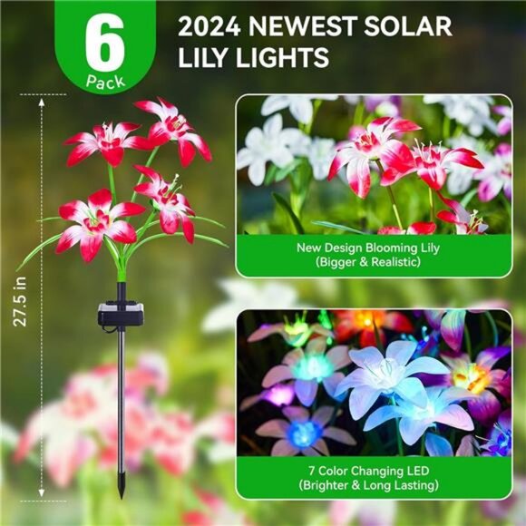 6 PACK Solar Lights Garden, Upgraded with 24 Enlarged Blooming Lily Flowers - Picture 2 of 8